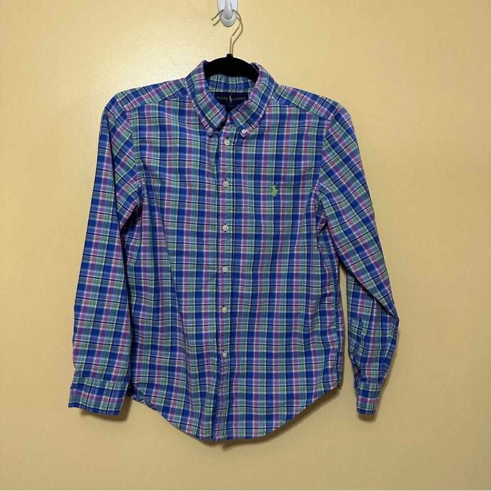 Ralph Lauren Classic Fit Plaid Cotton Oxford Button Down Shirt Boys’ L Blue